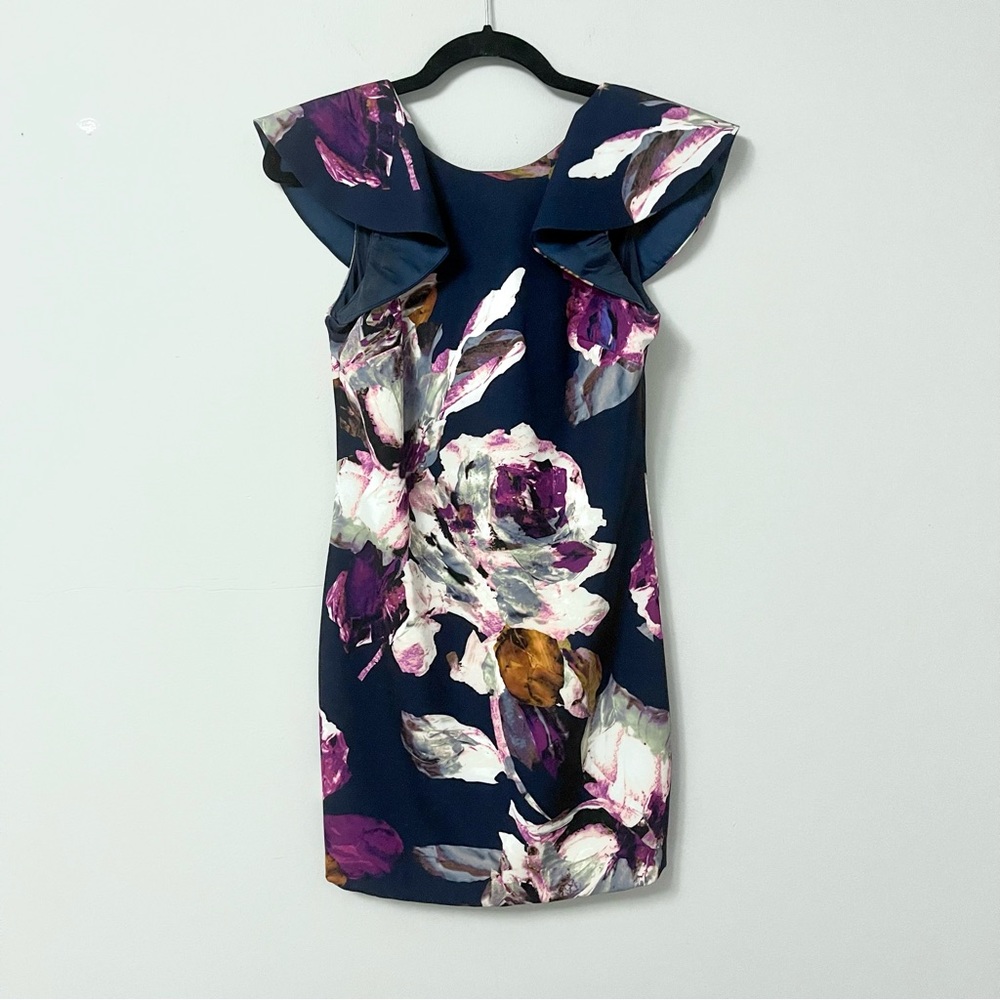 Trina Turk Ruffle Sleeve navy blue floral dress